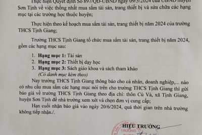 Thông báo về việc mua sắm, thiết bị dạy học và sách giáo khoa năm 2024
