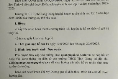 THÔNG BÁO TUYỂN SINH VÀO LỚP 6 NĂM HỌC 2025-2026